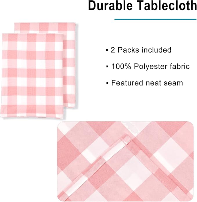 Plaid Tablecloth 2 Pack, 60 x 120 inch, Peach Pink and White | Waterproof - Image 3