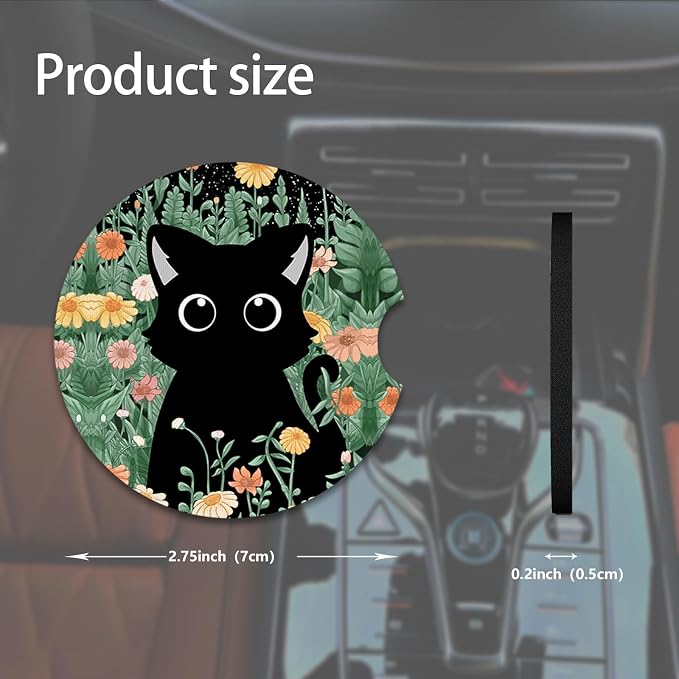 2pcs Cute Black Cat Car Coasters, Absorbent Universal neoprener Cup Holder - Image 2