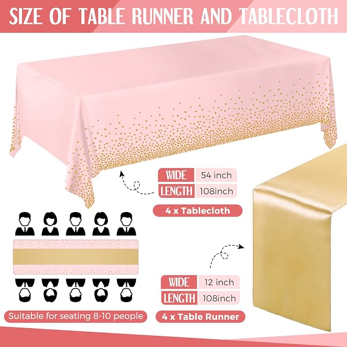 8 Pack Pink and Gold Disposable Plastic Tablecloths and Satin Table Runner Set - Image 2