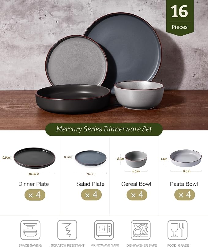 Famiware Mercury 16-Piece Stoneware Plates and Bowls, Warm Hand-Painted Rims - Image 2