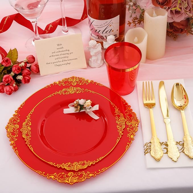 Morejoy 175PCS Red Plastic Plates, 25 Silverware Sets, 25 Cups, 25 Napkins - Image 7
