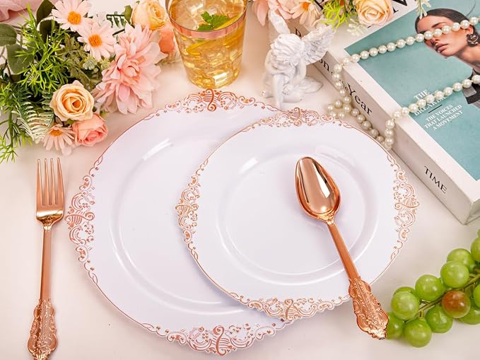 Morejoy 175PCS Rose Gold Plastic Plates & Disposable Dinnerware Sets | Inculdes - Image 7