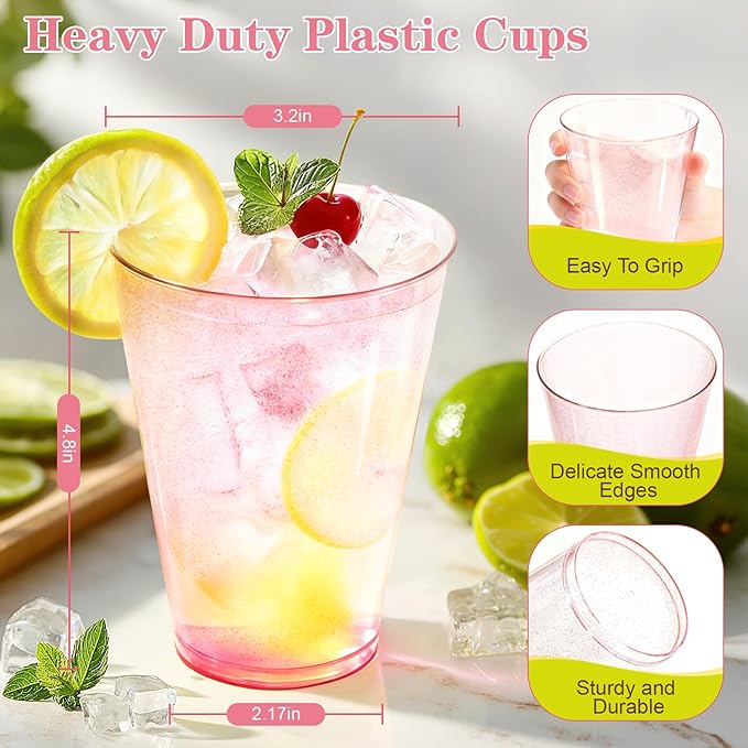 Glowserve 100 Pack 12 oz Pink Disposable Plastic Cups Cocktail Glasses | Cold - Image 3