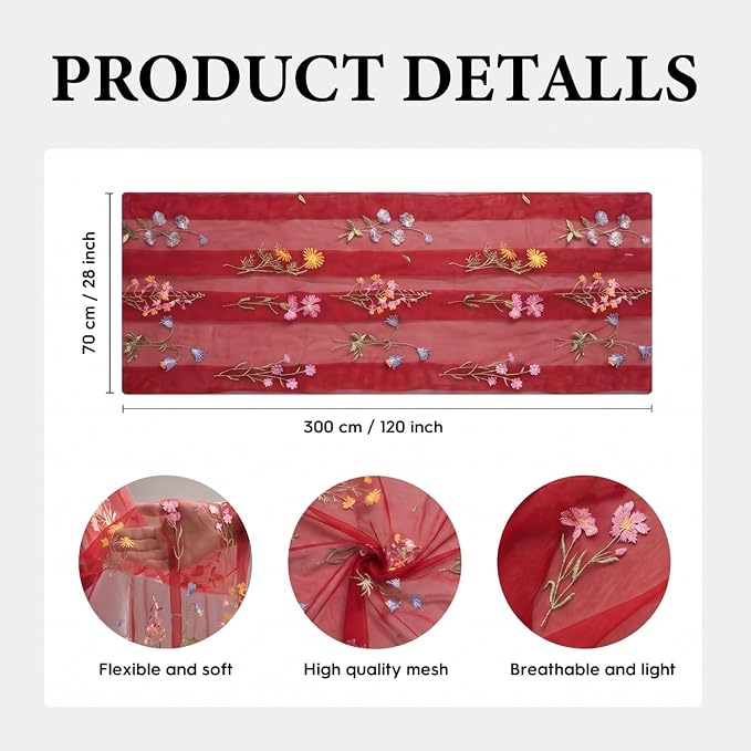 Artoid Mode Wildflower Floral Red Gauze Embroidery Table Runner 120 Inch 10FT - Image 6