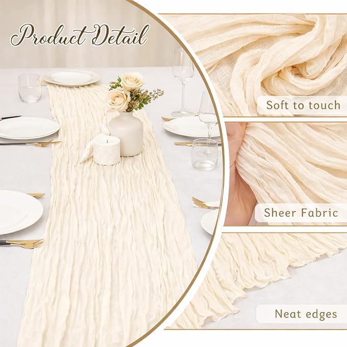10 Pack Beige Cheesecloth Table Runner 22x120 Inch Boho Gauze Table Runner Long - Image 3