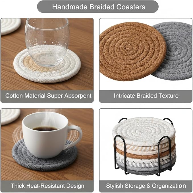 Drink Coasters Set of 8 with Holder, Cotton Woven | Absorbent cotton woven - Image 4