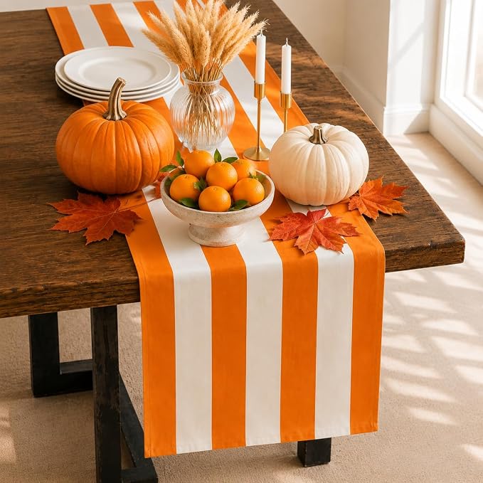 Folkulture Fall Table Runner 90 Inches Long | Orange & White Striped | Table by FOLKULTURE