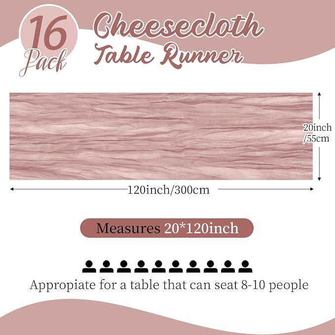 16 Pack Dusty Pink Cheesecloth Table Runners 20x120 Inch Gauze Table Runner - Image 2