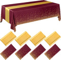 8 Pack Burgundy and Gold Disposable Plastic Tablecloths and Satin Table Runner by Breling