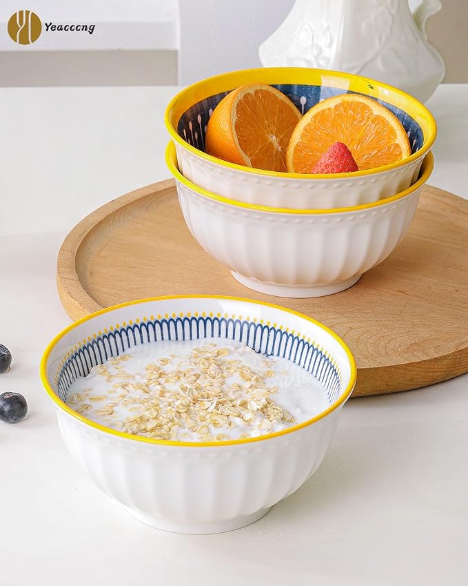 Yeacccng Bohemian Cereal Bowls Set of 4, 27 Oz Ribbed Exterior Ceramic Bowls - Image 4