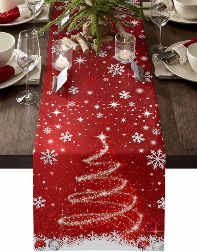 Red Christmas Table Runner 36 Inches Long, Xmas Tree Balls Snowflake Table by Unknown