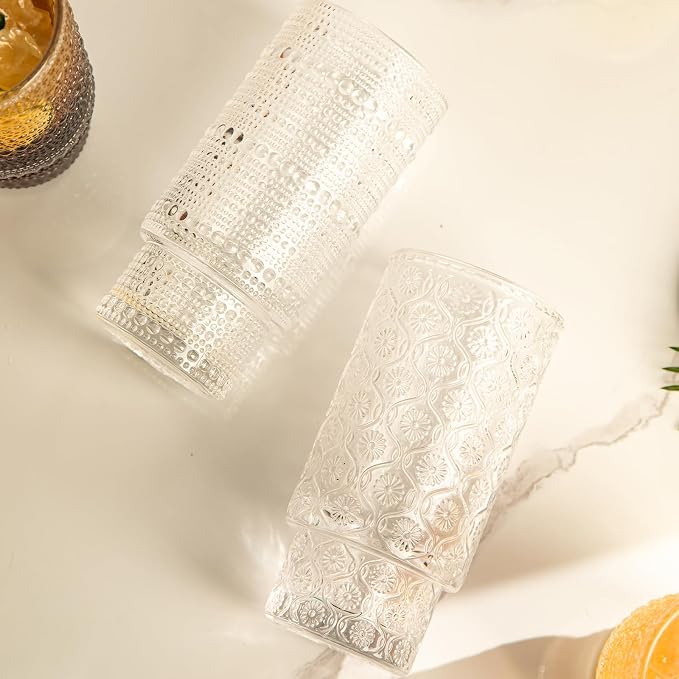 Drinking Glasses Set of 4, 16oz Textured Flower Design Cocktail Glasses - Image 4
