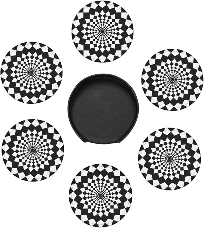 Drink Coasters with Holder Stand Set of 6, Mandala Chessboard Pu Leather - Image 5
