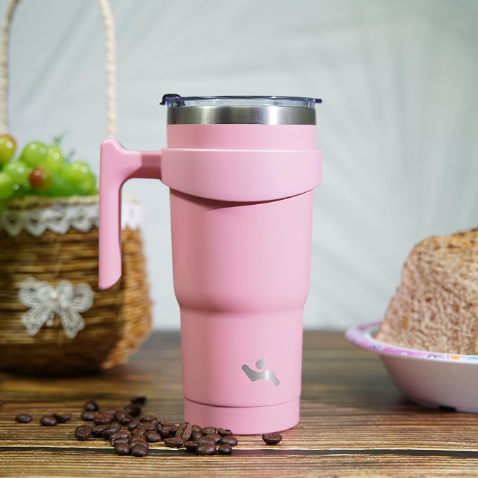 Konokyo 20 oz Tumbler with Handle and Straw, Insulated Travel Mug | Light Pink; - Image 6