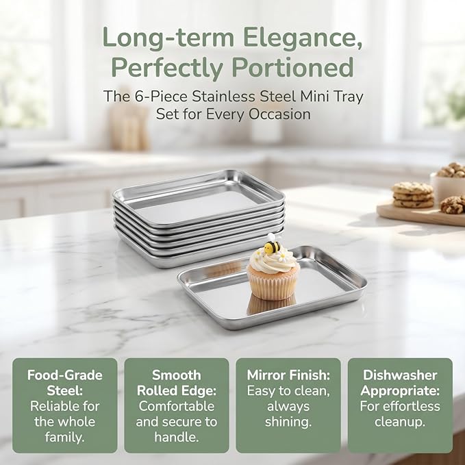 Lyellfe 6 Pack Small Stainless Steel Plates, 9.2''L x 7''W | Mini Metal Food - Image 3