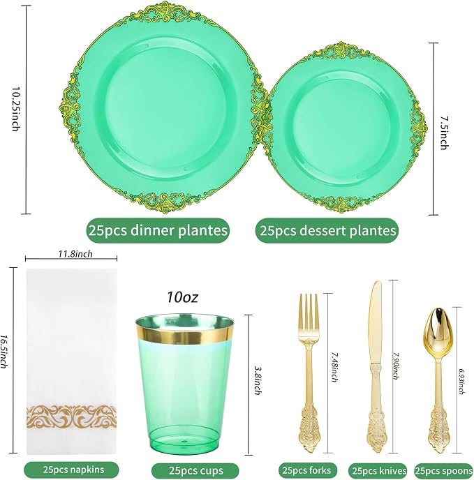 175 Pcs Clear Green Plates for Party | Elegant Disposable Dinnerware for 25 - Image 5