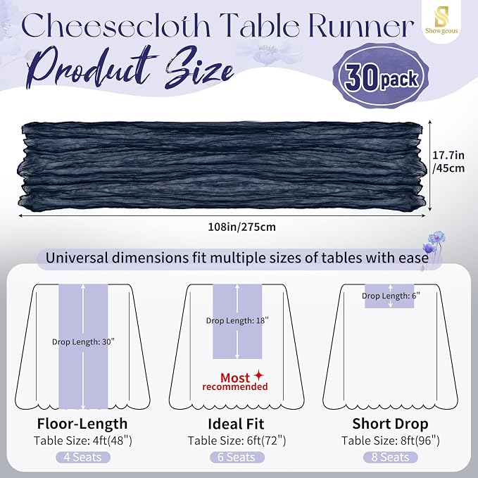 Showgeous 30 Pack Navy Blue Cheesecloth Table Runner, 17 x 108 Inches | Boho - Image 2