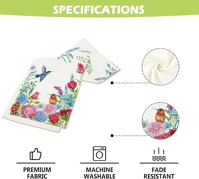Summer Floral Hummingbird Table Runner Green Leaves Burlap Table Runners - Image 6