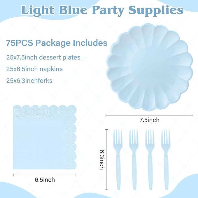 75 Pcs Blue Paper Plates and Napkins Disposable Tableware Set Include Light - Image 2
