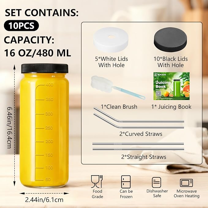 Ruckae 16oz 10 Pack Juice Bottles, Glass Bottles - Image 2