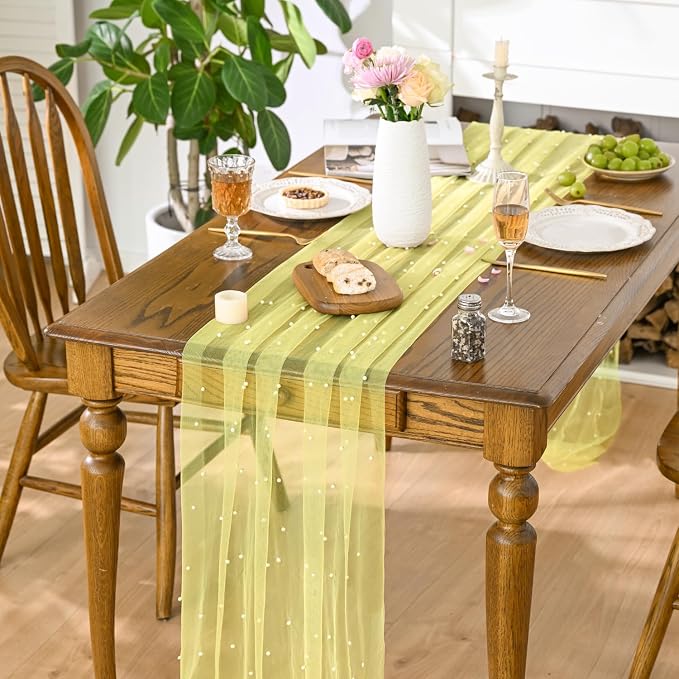 Artoid Mode Pearl Yellow Gauze Table Runner 120 Inch, Seasonal Sheer Dining - Image 2