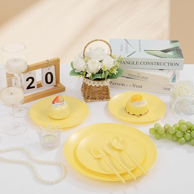 EI 150pcs Yellow Plastic Plates, Heavy Duty Bright Disposable Plate, Fancy - Image 6