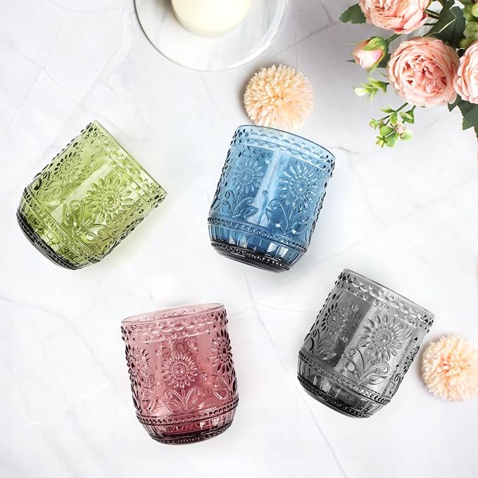 Topsky Vintage Drinking Glass Set of 4, 12 oz Embossed Floral Drinkware Set - Image 2