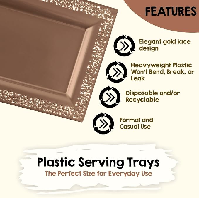 14" x 7.5" Rose Gold Lace Rim Plastic Serving Trays & Platters | Heavy Duty - Image 3