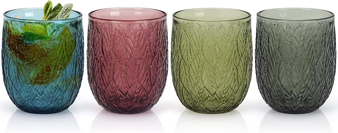 Topsky Vintage Drinking Glass Set of 4, 12 oz Embossed Willow Leaf Drinkware Set by HomeandKitchenNO1