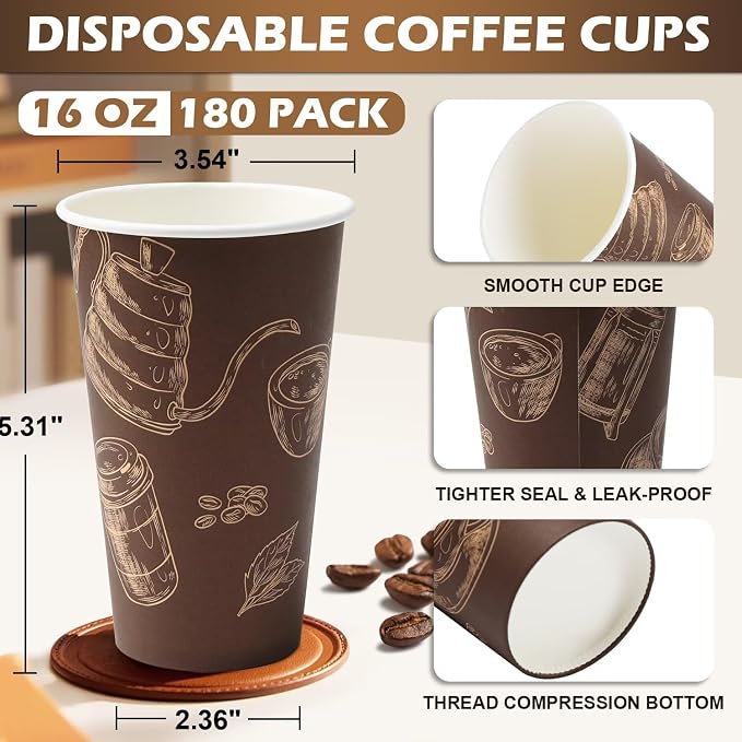 Coffee Cups 16oz 180 Pack Disposable Paper Cup Durable Drinking Cup | Paper Cups - Image 2