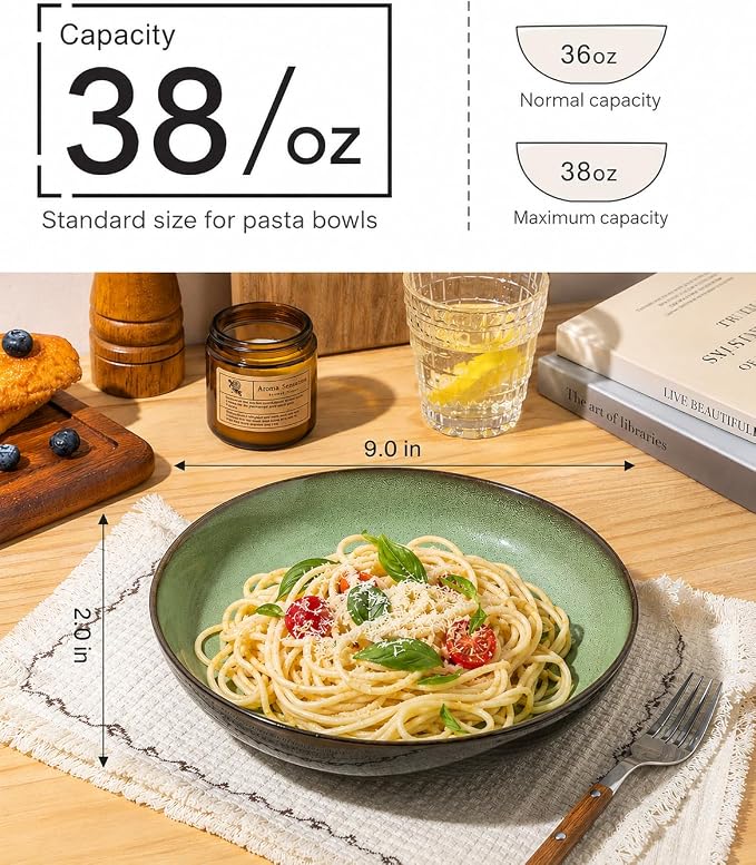 LERATIO 9.0" Ceramic Pasta Bowls Set of 4, 38oz Large Stoneware Bowls Set | - Image 2