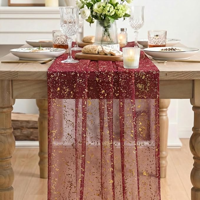 Artoid Mode 3PC Burgundy Gold Gauze Table Runner 120 Inch 10FT, Glitter - Image 2