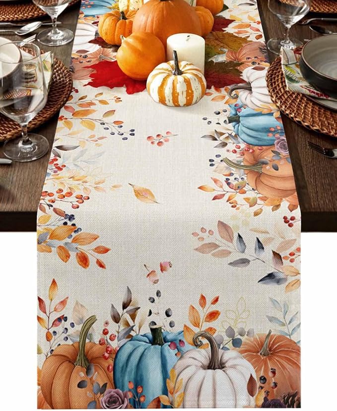 Orange Blue Pumpkin Fall Table Runner 108 Inches Long, Thanksgiving Eucalyptus by Unknown