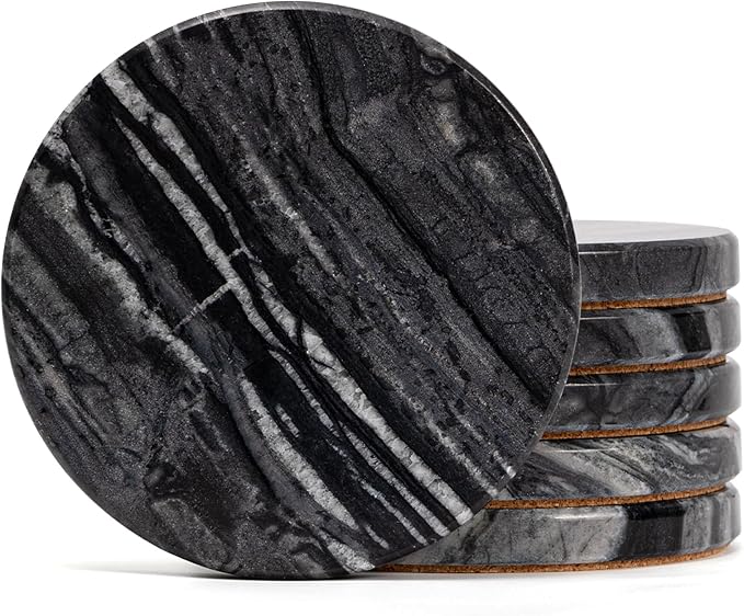 Black Marble Coasters Set of 6, Elegant Black & Dark Gray Coasters by YONGHEE