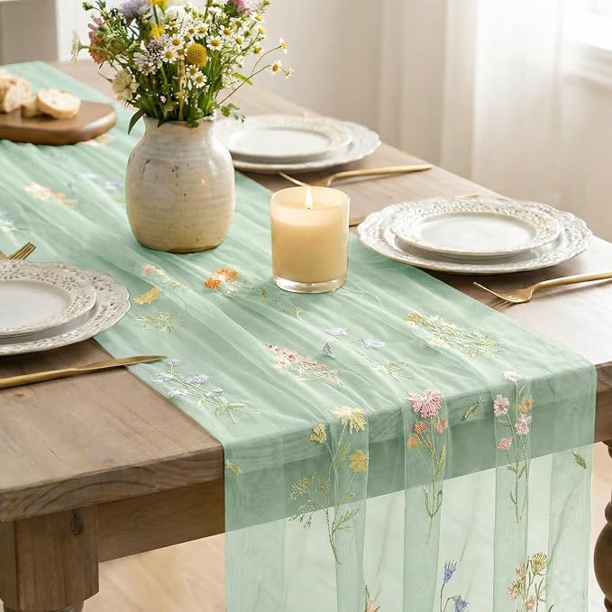 Artoid Mode 6PC Wildflower Floral Sage Green Gauze Embroidery Table Runner 120 - Image 4