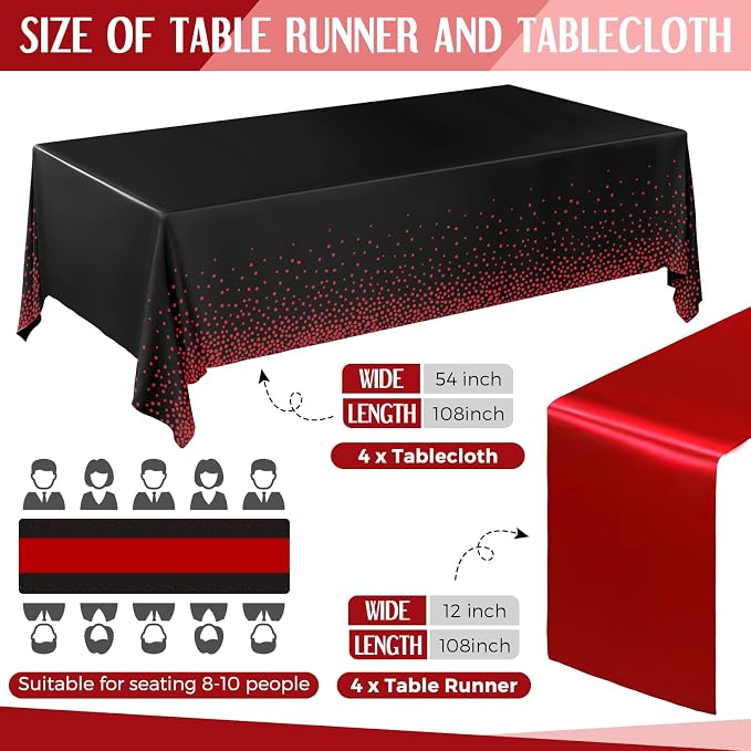 8 Pack Black and Red Disposable Plastic Tablecloths and Satin Table Runner Set - Image 2