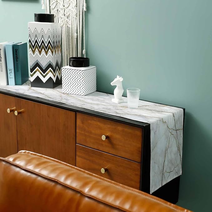 Marble Table Runner-Cotton Linen-Long 108 inche White Gray Gold Dresser Scarves - Image 3