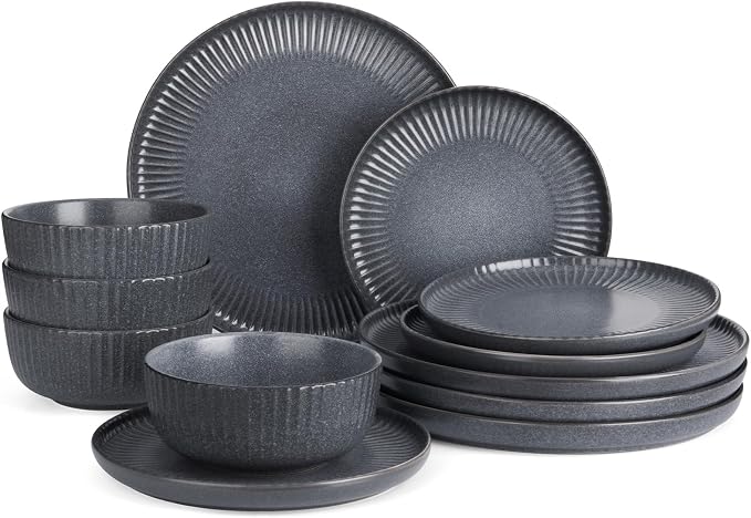 Famiware Ceramic Plates and Bowls Sets, Reactive Glaze Ribbed Dishes by Famiware