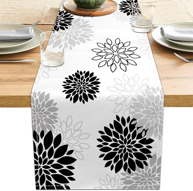 Dahlia Flower Table Runner 13x71 Inch Farmhouse Black Gray Runners Modern Table by LXXTK