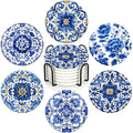 Drink Coasters Set of 6 with Holder Blue and White Porcelain Coasters, Modern by BaHomeck