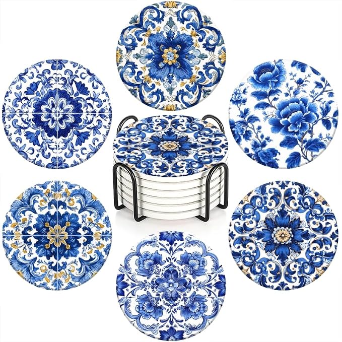 Drink Coasters Set of 6 with Holder Blue and White Porcelain Coasters, Modern by BaHomeck