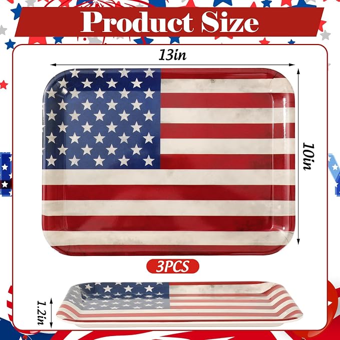 Whaline 3 Pcs Patriotic Serving Trays Vintage American Flag Melamine Platter - Image 2