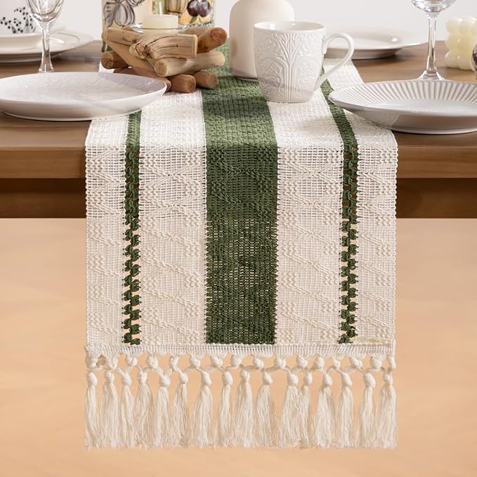MLMW Boho Table Runner 72 inches Olive Green&Ivory Small Coffee Table Runner - Image 6