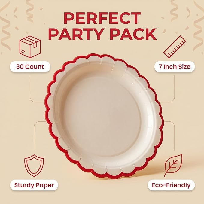 30 Pack Red and White Paper Plates 7 Inch, Disposable Scalloped Plates Dinner - Image 2