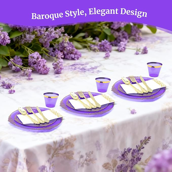 AIRE Purple Gold Plastic Plates Set, sturdy leakproof cutlery, fancy party - Image 3