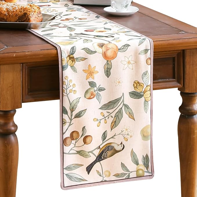 bilin gaier Designer Linen Extra Long Table Runner, Floral Fruit Pattern by bilingaier