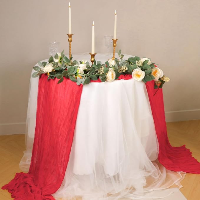 Snowkingdom 10 Ft Red Valentine's Day Cheesecloth Table Runner, 120 inch Long - Image 4