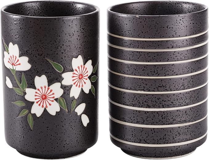 Hedume Set of 2 Japanese Tea Cups, 10oz Ceramic Teacup Mug, Japanese Cherry by Hedume