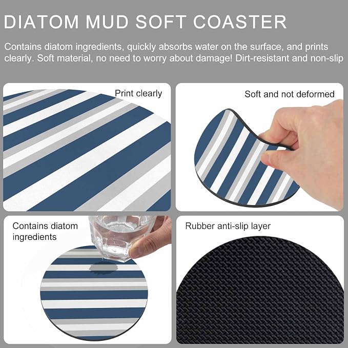 Navy Blue Grey Stripe Coasters Set of 4, Minimalist Farmhouse Striped Soft - Image 9
