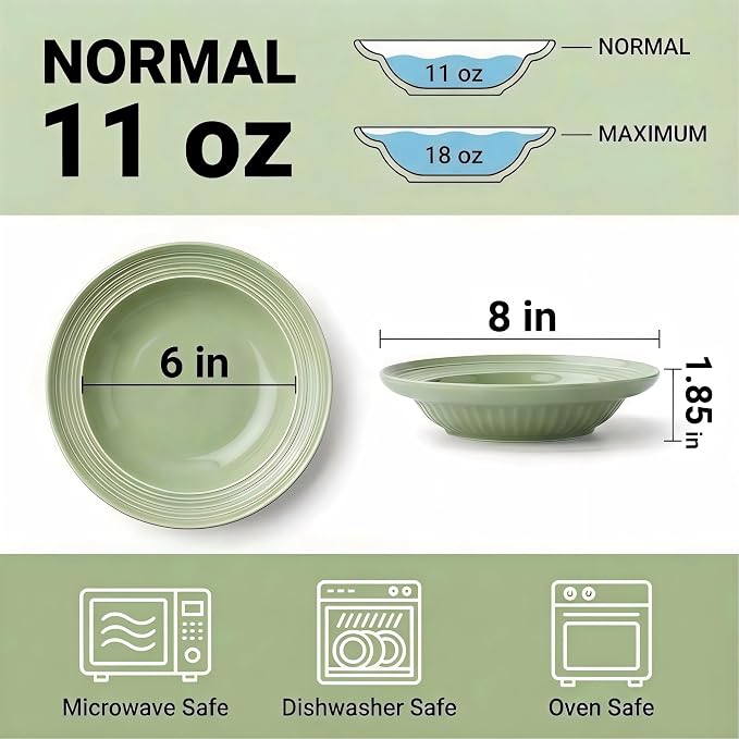 Wide Rim Soup Bowls Set of 4, 11 oz, 8 Inch Green | Shallow wide rim bowls - Image 2